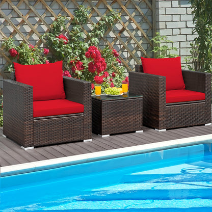 3 Pcs Patio Conversation Rattan Furniture Set with Cushion, Red Patio Conversation Sets   at Gallery Canada