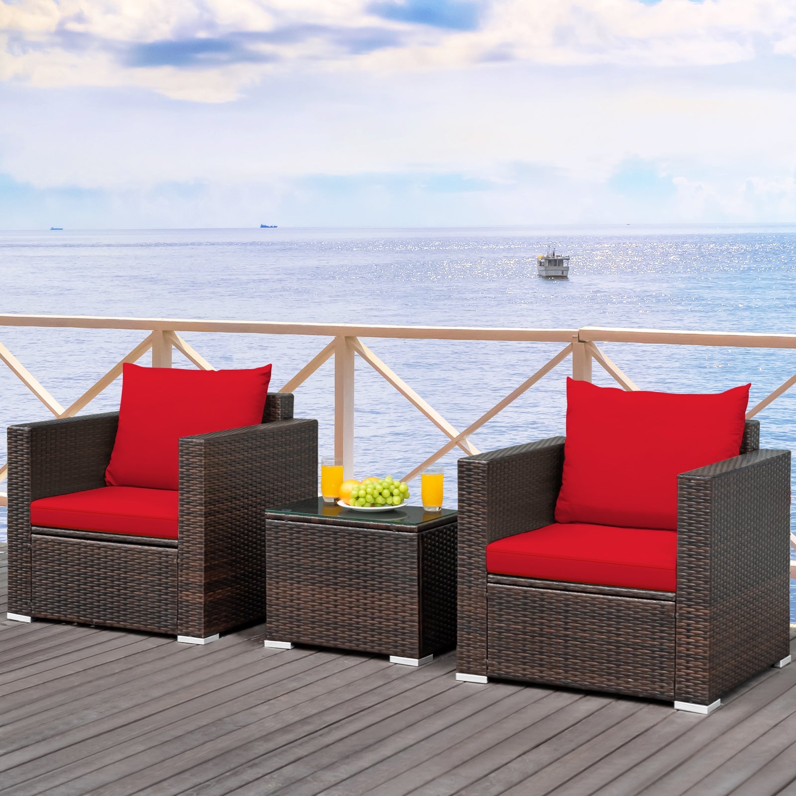 3 Pcs Patio Conversation Rattan Furniture Set with Cushion, Red Patio Conversation Sets   at Gallery Canada