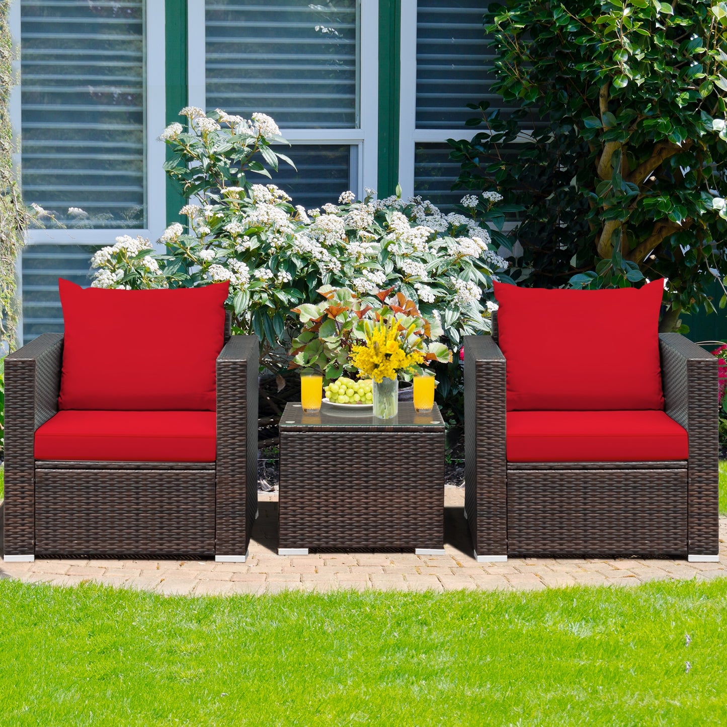 3 Pcs Patio Conversation Rattan Furniture Set with Cushion, Red Patio Conversation Sets   at Gallery Canada