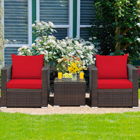 3 Pcs Patio Conversation Rattan Furniture Set with Cushion, Red Patio Conversation Sets Red  at Gallery Canada