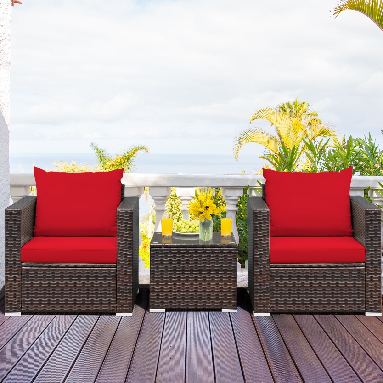 3 Pcs Patio Conversation Rattan Furniture Set with Cushion, Red Patio Conversation Sets   at Gallery Canada