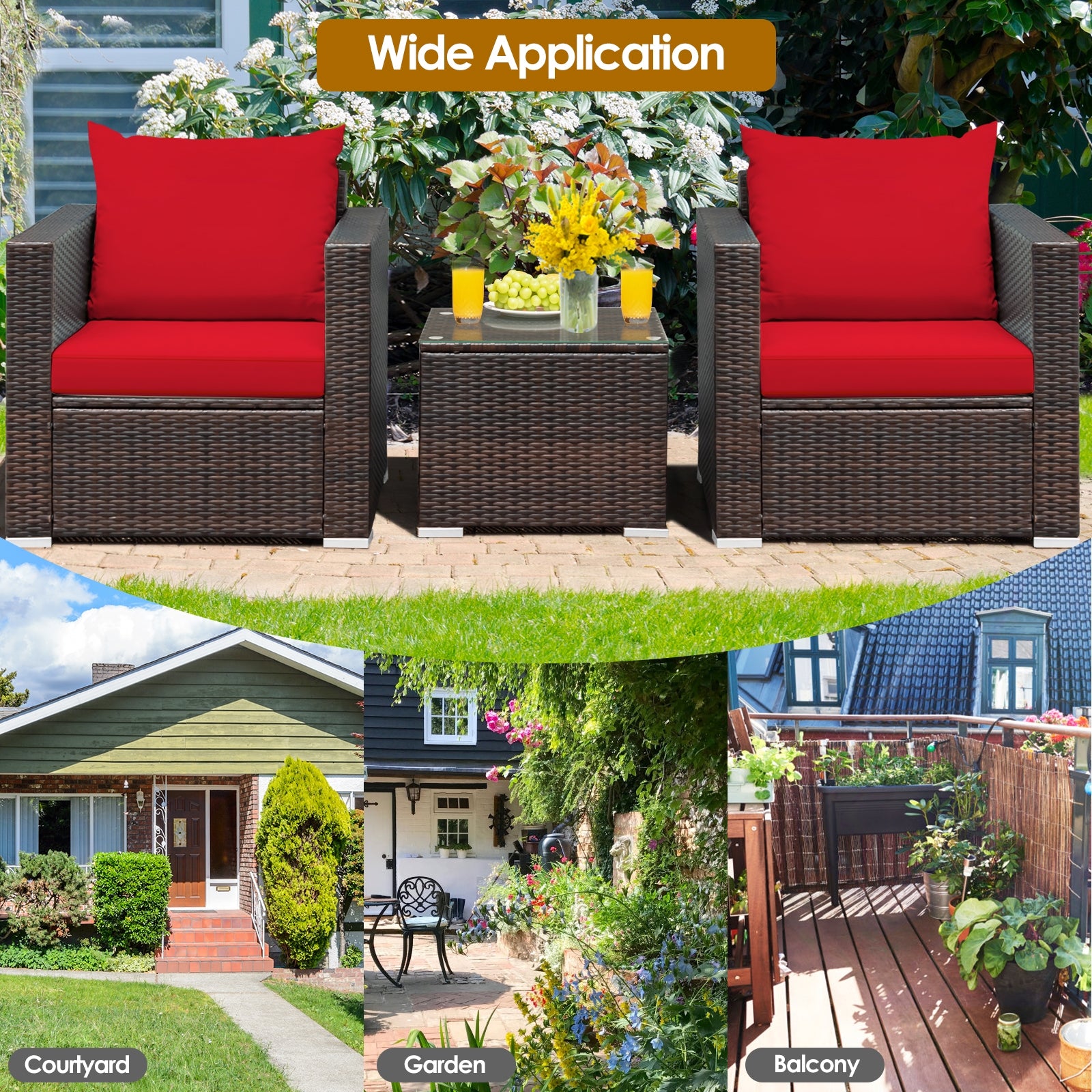 3 Pcs Patio Conversation Rattan Furniture Set with Cushion, Red Patio Conversation Sets   at Gallery Canada