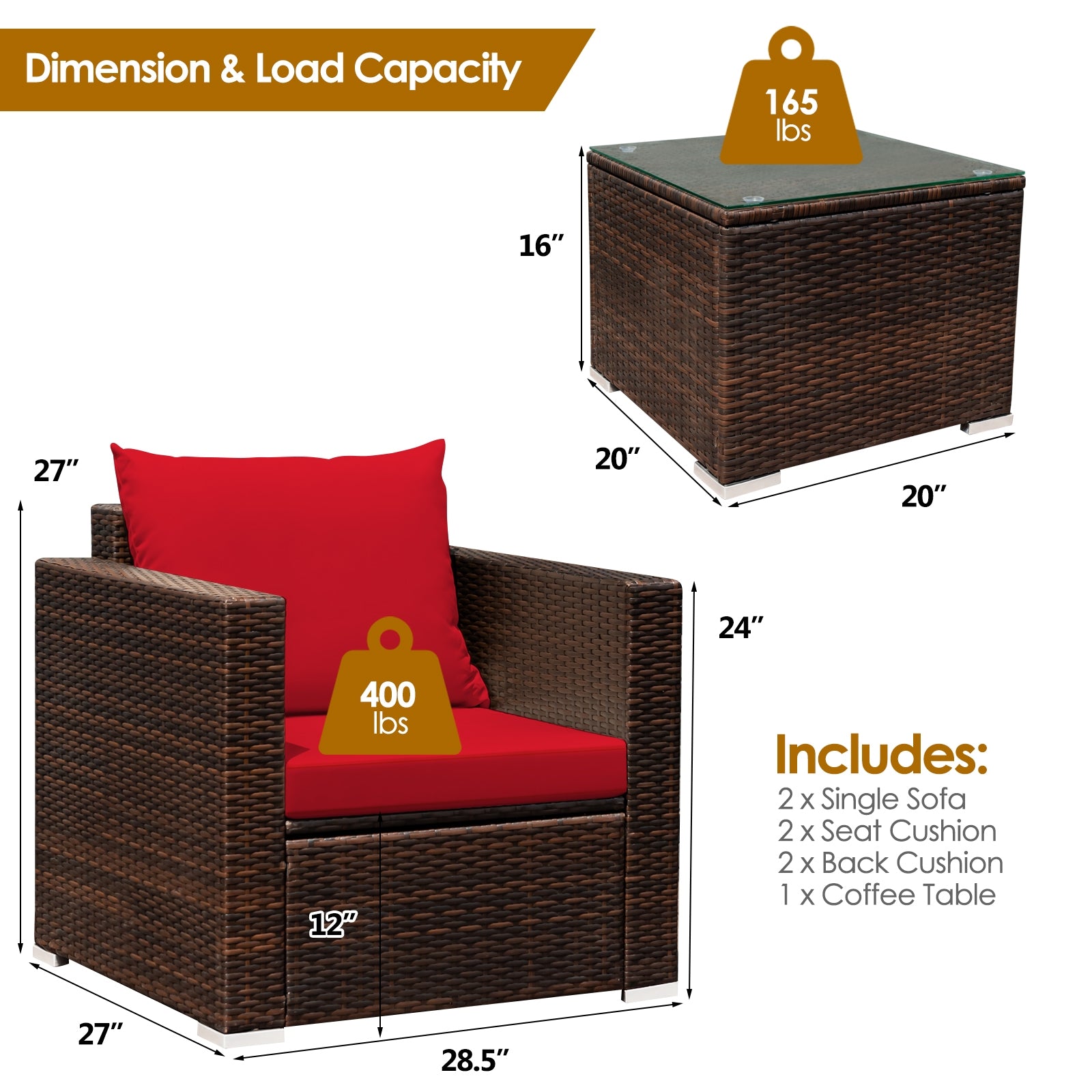 3 Pcs Patio Conversation Rattan Furniture Set with Cushion, Red Patio Conversation Sets   at Gallery Canada