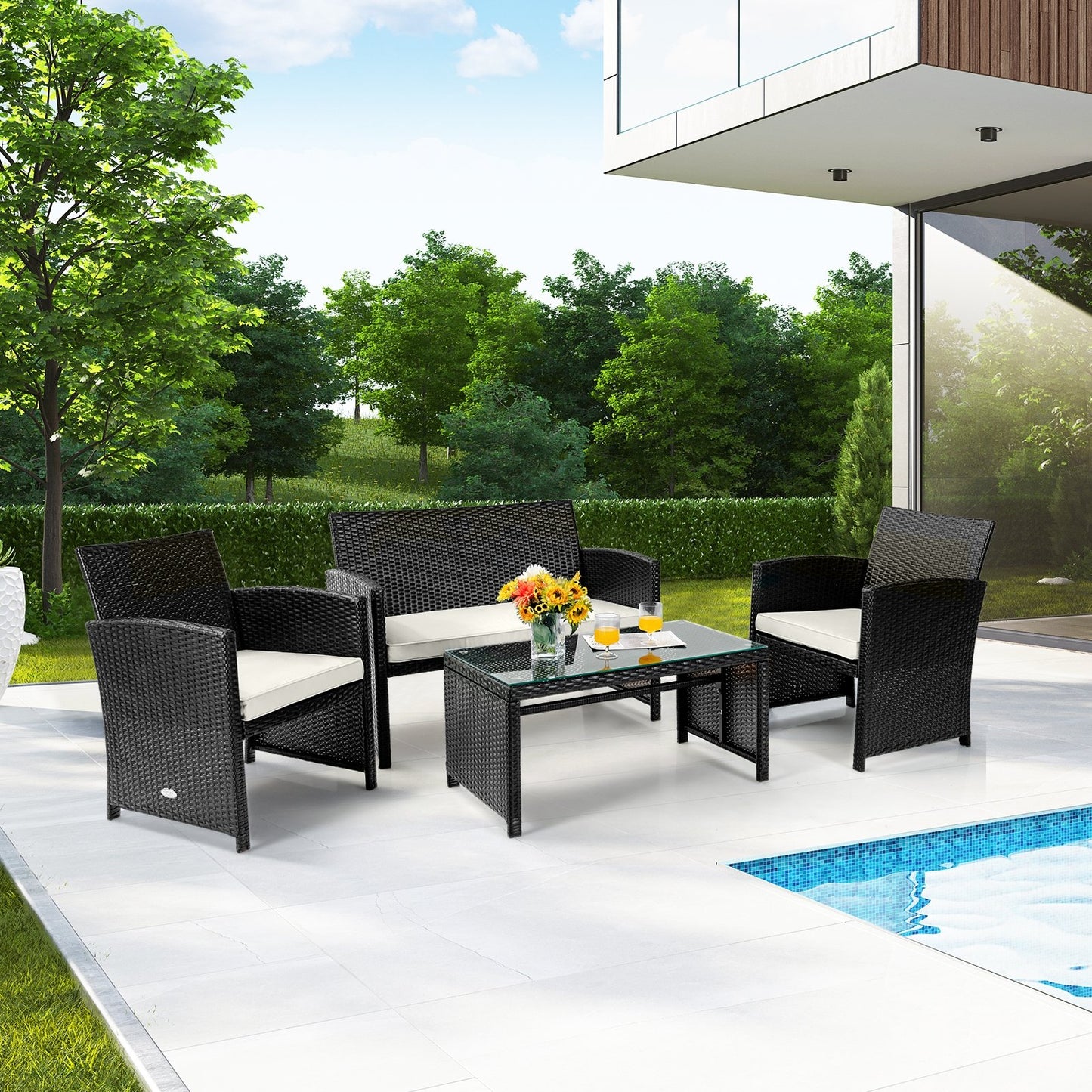 4Pcs Patio Rattan Cushioned Furniture Set, White Patio Conversation Sets   at Gallery Canada