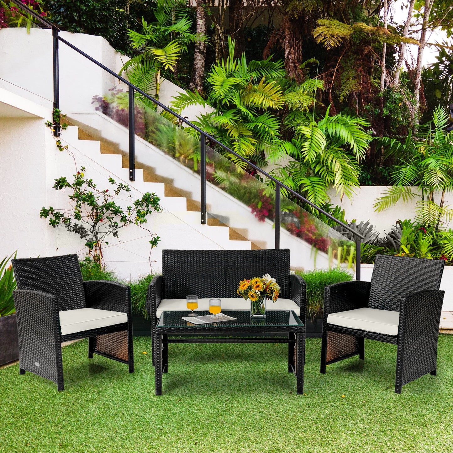 4Pcs Patio Rattan Cushioned Furniture Set, White Patio Conversation Sets   at Gallery Canada