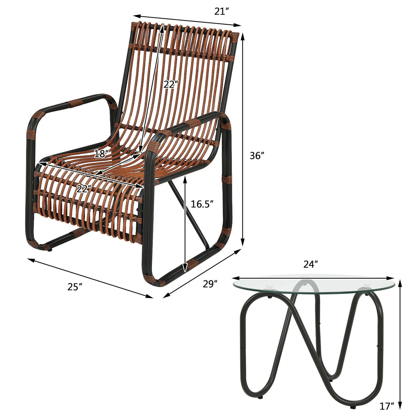 3 Pieces Patio Rattan Conversational Furniture Set, Brown - Gallery Canada