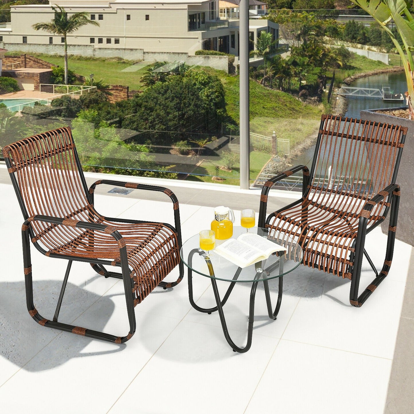 3 Pieces Patio Rattan Conversational Furniture Set, Brown - Gallery Canada