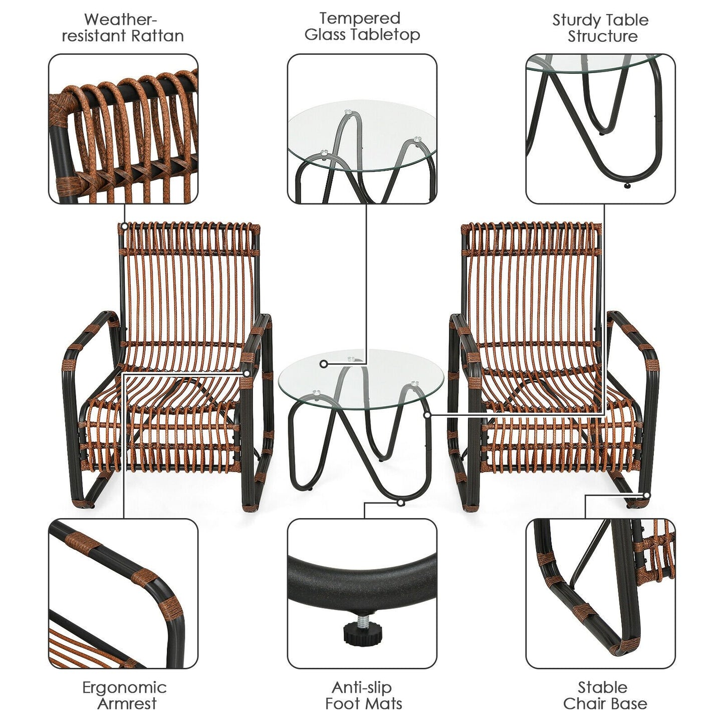 3 Pieces Patio Rattan Conversational Furniture Set, Brown Patio Conversation Sets   at Gallery Canada