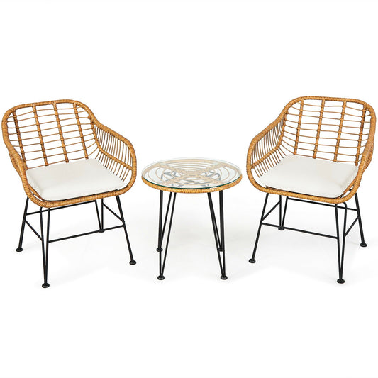 3 Pieces Rattan Furniture Set with Cushioned Chair Table, White Patio Conversation Sets   at Gallery Canada