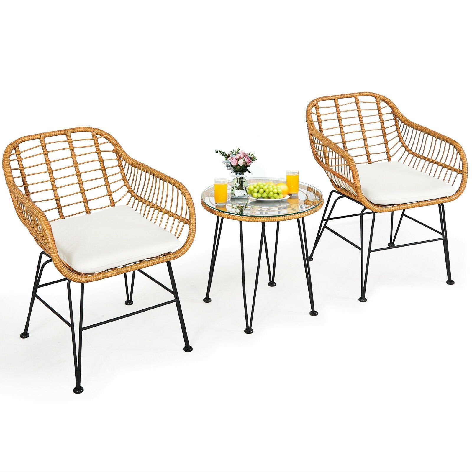 3 Pieces Rattan Furniture Set with Cushioned Chair Table, White Patio Conversation Sets   at Gallery Canada