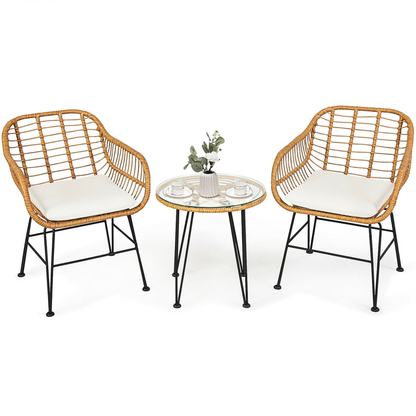 3 Pieces Rattan Furniture Set with Cushioned Chair Table, White Patio Conversation Sets   at Gallery Canada