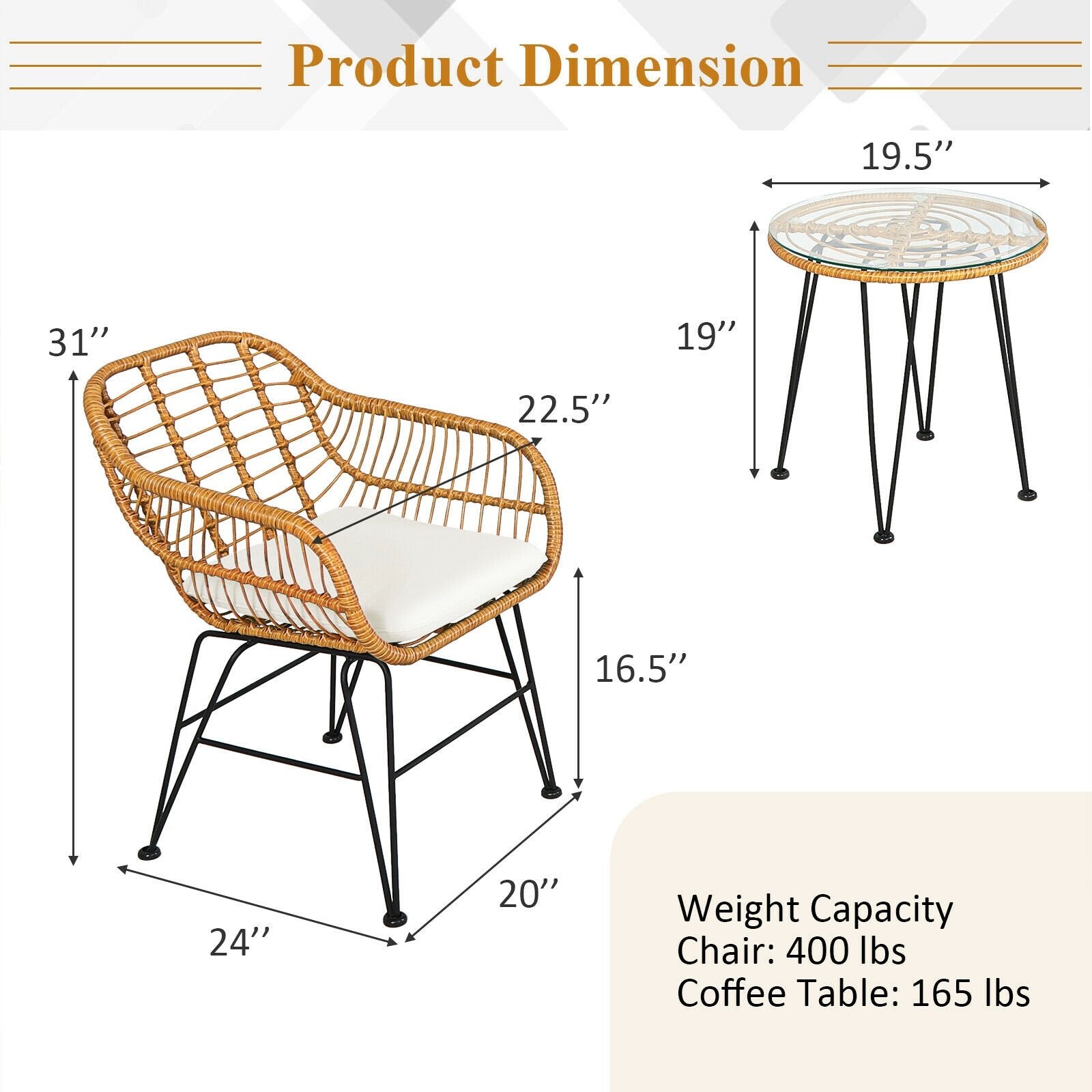 3 Pieces Rattan Furniture Set with Cushioned Chair Table, White Patio Conversation Sets   at Gallery Canada