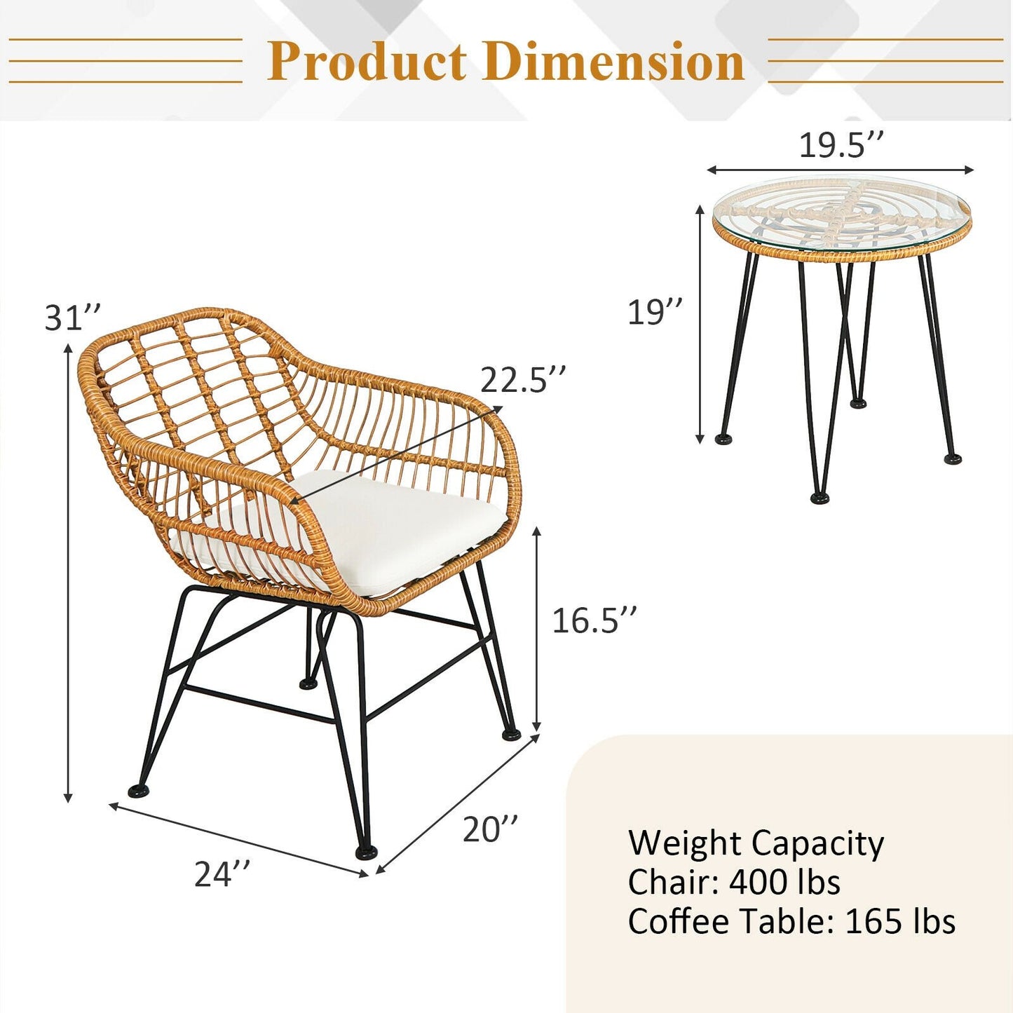 3 Pieces Rattan Furniture Set with Cushioned Chair Table, White Patio Conversation Sets   at Gallery Canada