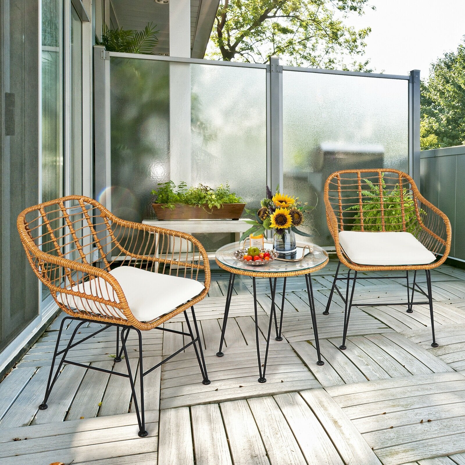 3 Pieces Rattan Furniture Set with Cushioned Chair Table, White Patio Conversation Sets   at Gallery Canada