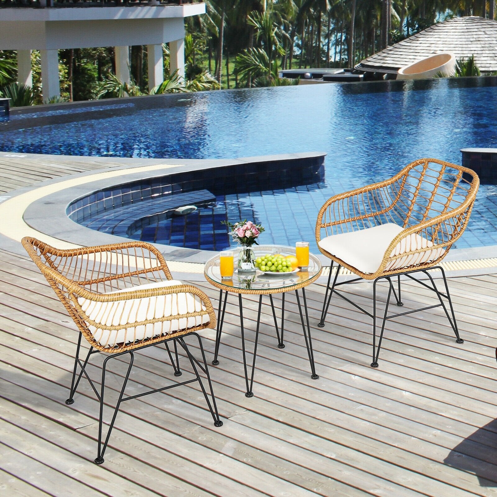 3 Pieces Rattan Furniture Set with Cushioned Chair Table, White Patio Conversation Sets   at Gallery Canada