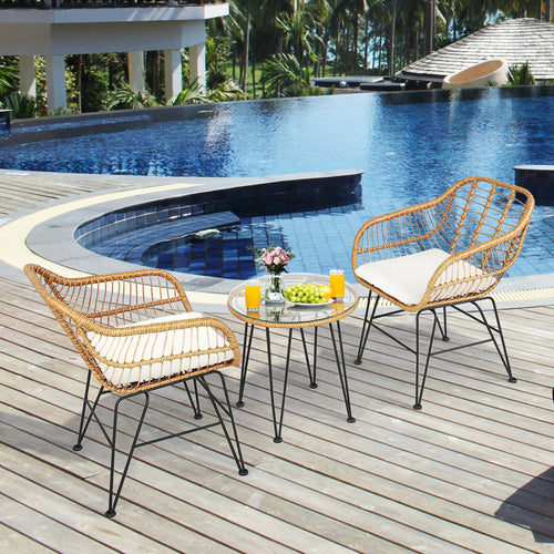 3 Pieces Rattan Furniture Set with Cushioned Chair Table, White