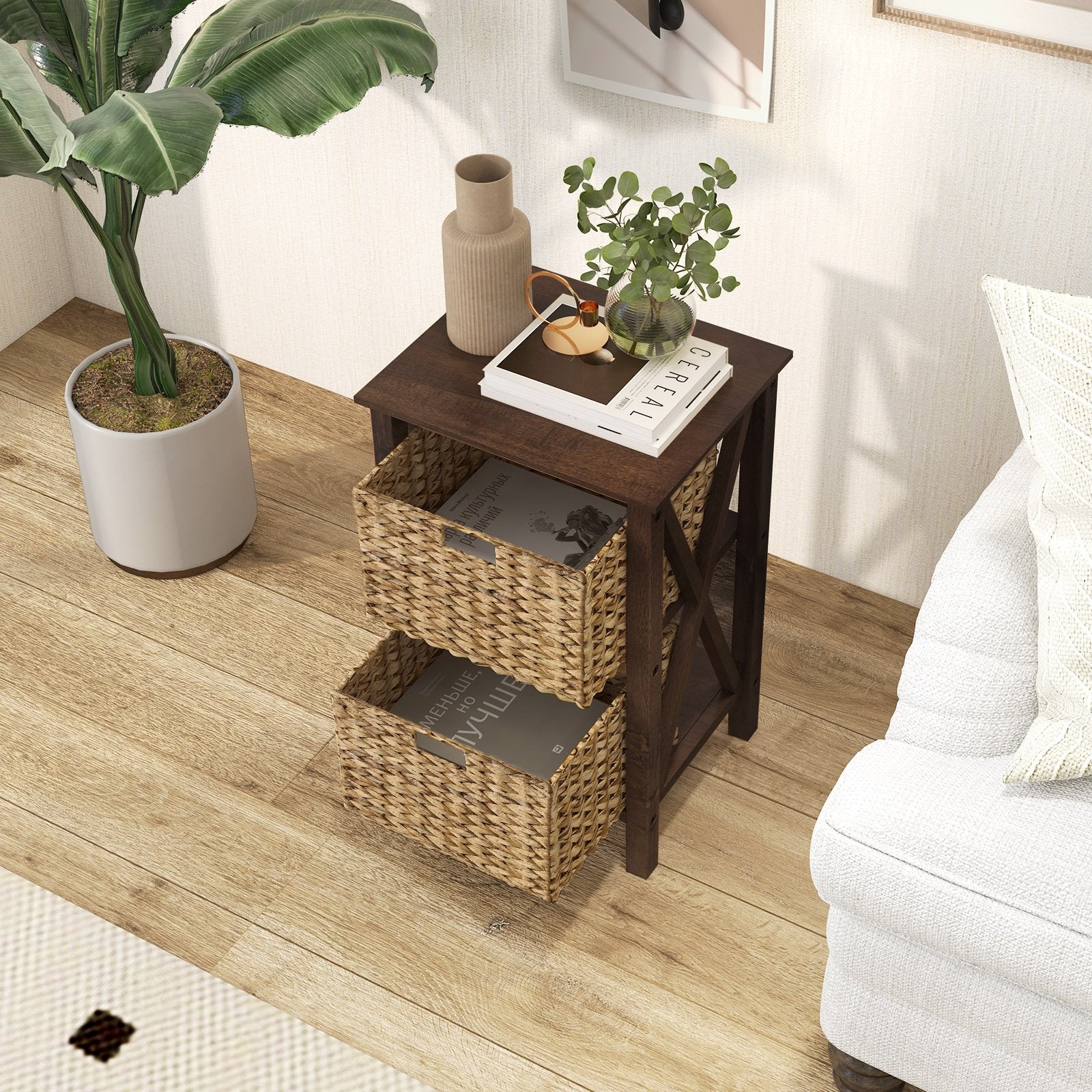 3-Tier Nightstand with 2 Seagrass Baskets Narrow X-Design, Walnut Nightstands   at Gallery Canada