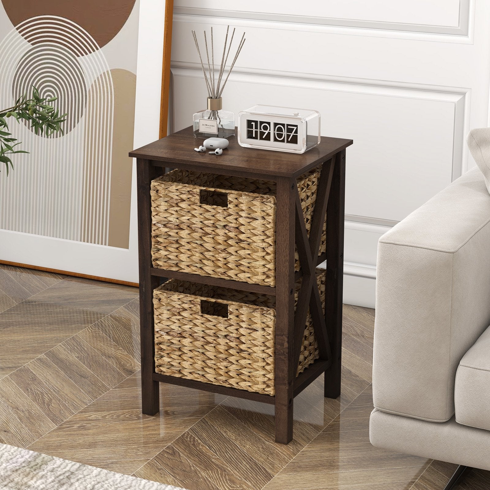 3-Tier Nightstand with 2 Seagrass Baskets Narrow X-Design, Walnut Nightstands   at Gallery Canada