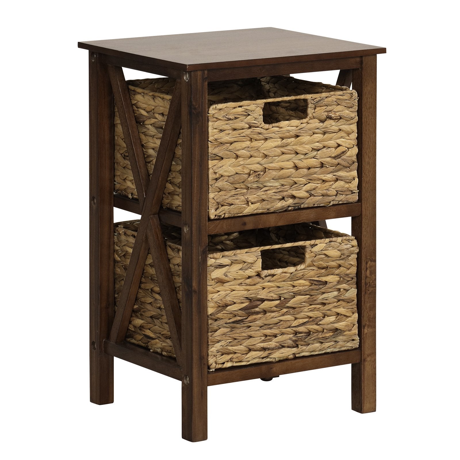 3-Tier Nightstand with 2 Seagrass Baskets Narrow X-Design, Walnut Nightstands   at Gallery Canada