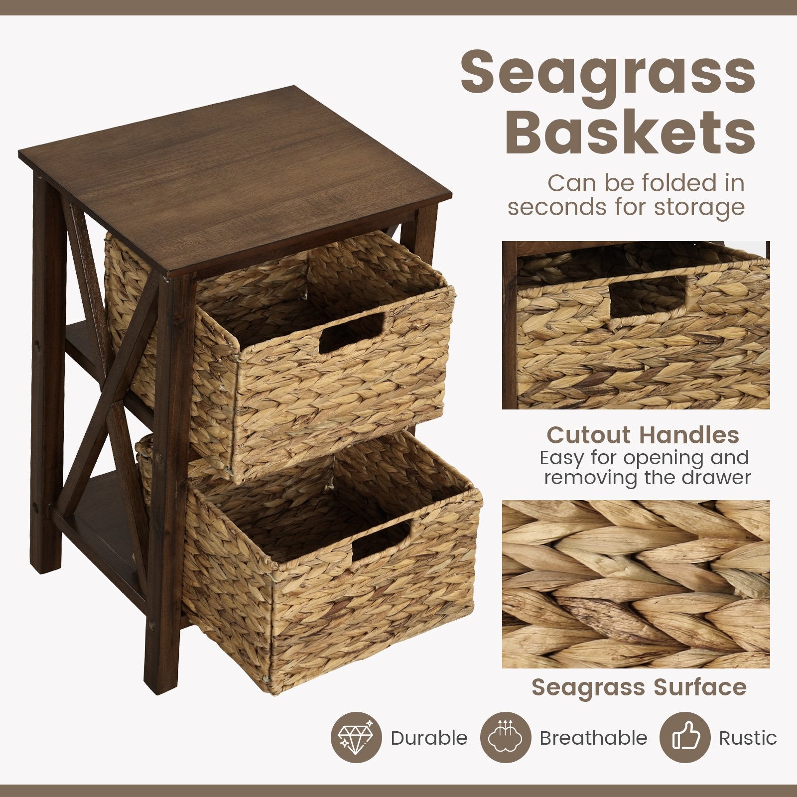 3-Tier Nightstand with 2 Seagrass Baskets Narrow X-Design, Walnut Nightstands   at Gallery Canada