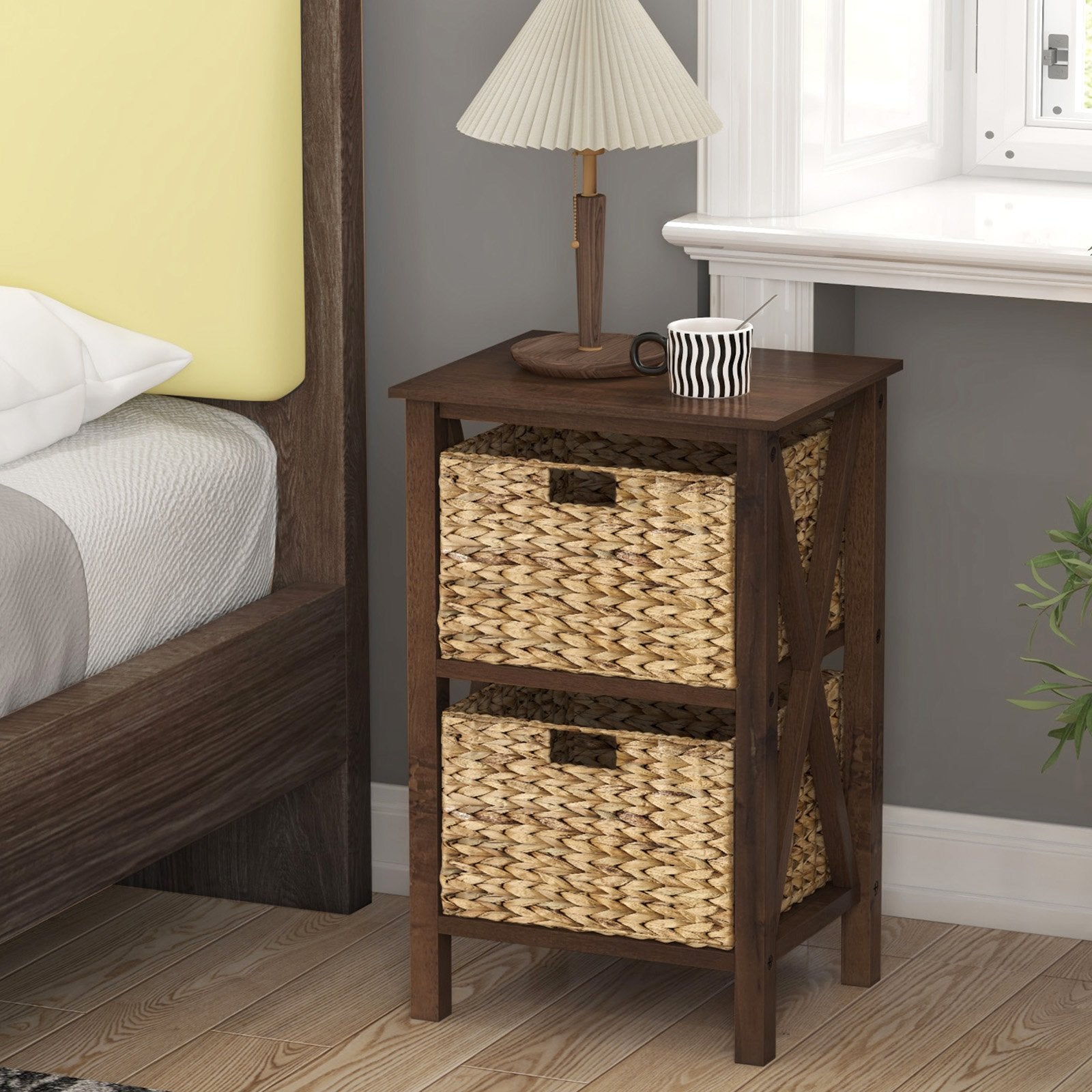 3-Tier Nightstand with 2 Seagrass Baskets Narrow X-Design, Walnut Nightstands   at Gallery Canada