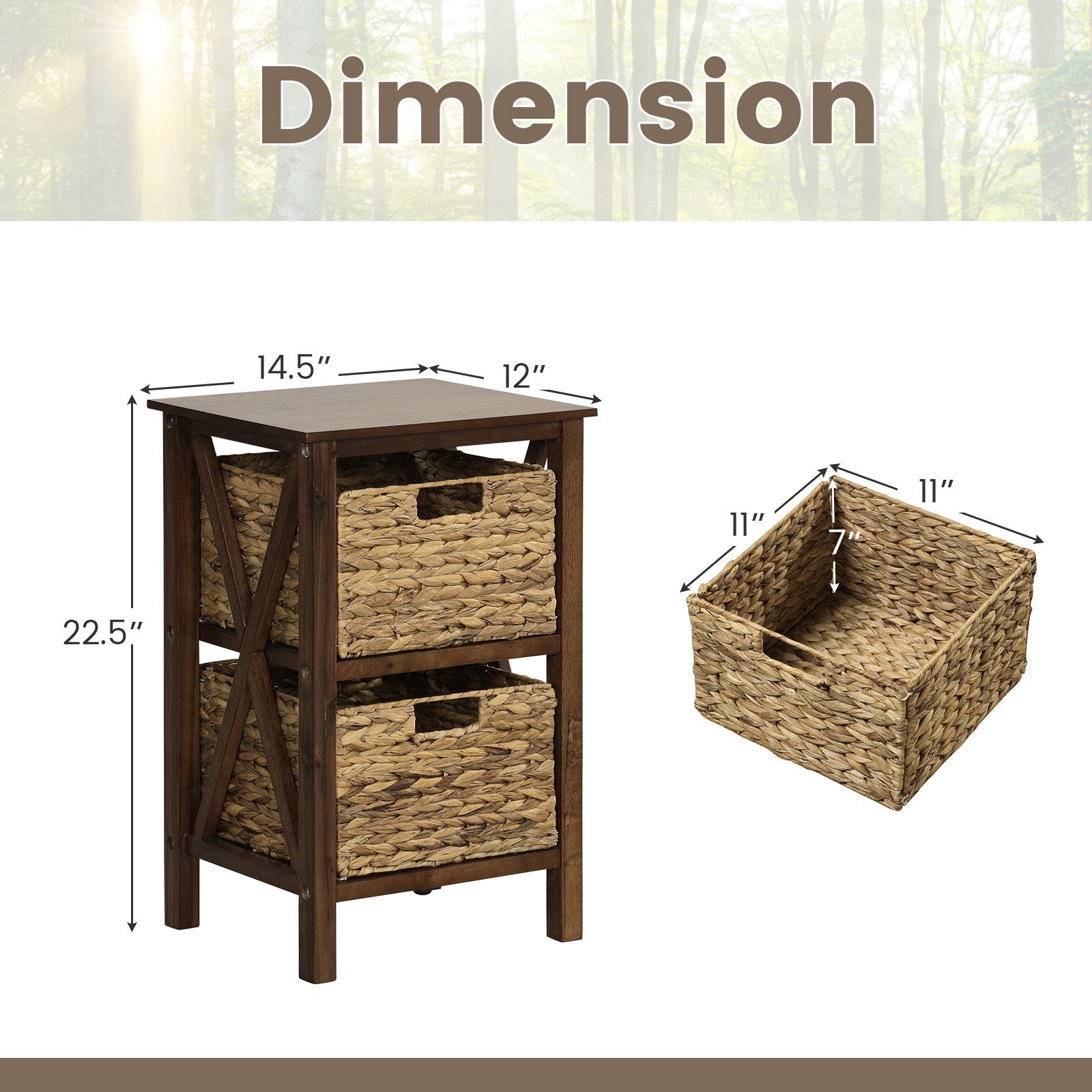 3-Tier Nightstand with 2 Seagrass Baskets Narrow X-Design, Walnut Nightstands   at Gallery Canada