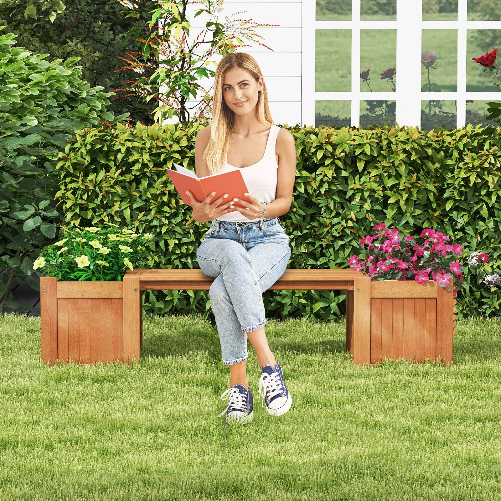 Wood Planter Box with Bench for Garden Yard Balcony, Natural Potting Benches & Tables   at Gallery Canada