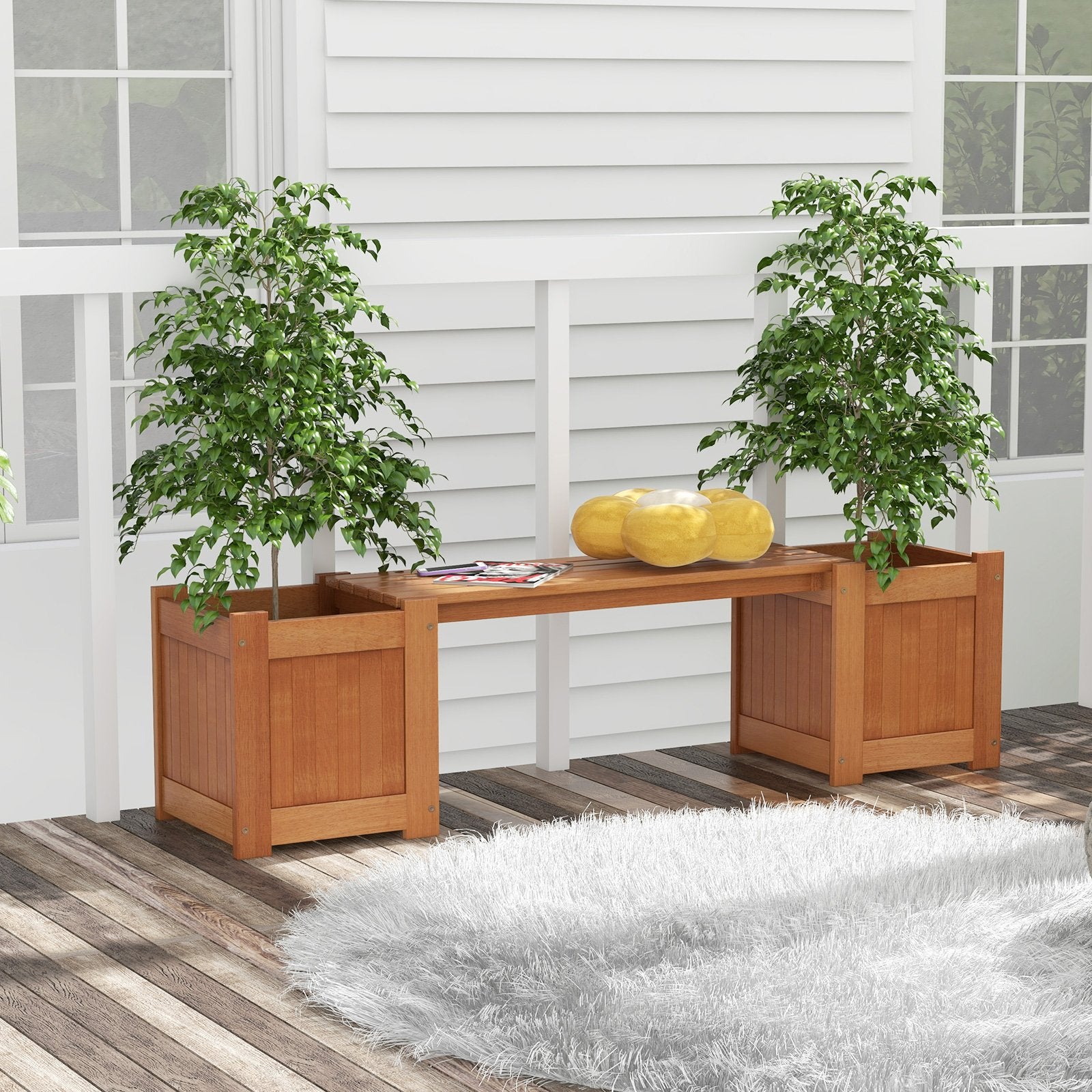 Wood Planter Box with Bench for Garden Yard Balcony, Natural Potting Benches & Tables   at Gallery Canada