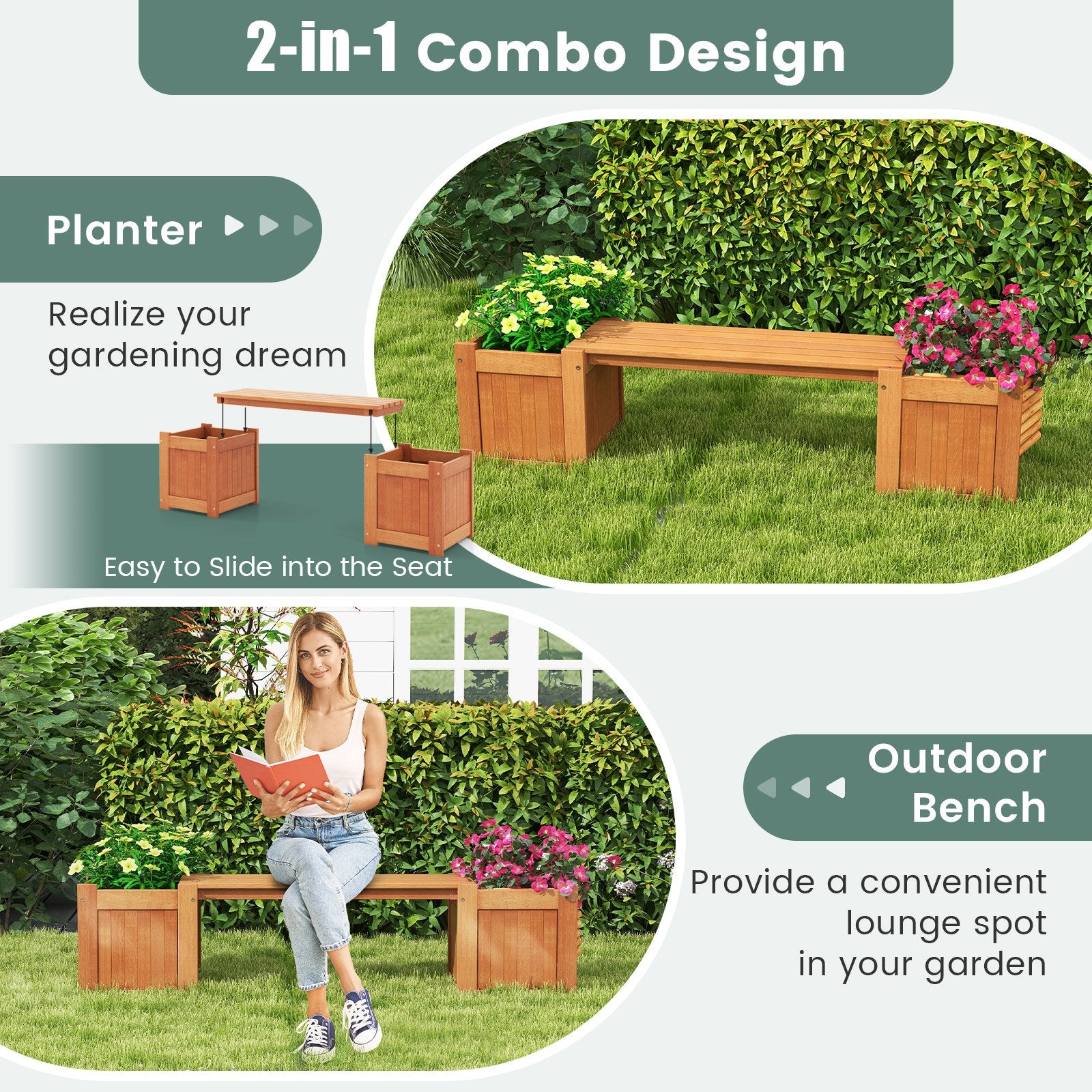 Wood Planter Box with Bench for Garden Yard Balcony, Natural Potting Benches & Tables   at Gallery Canada