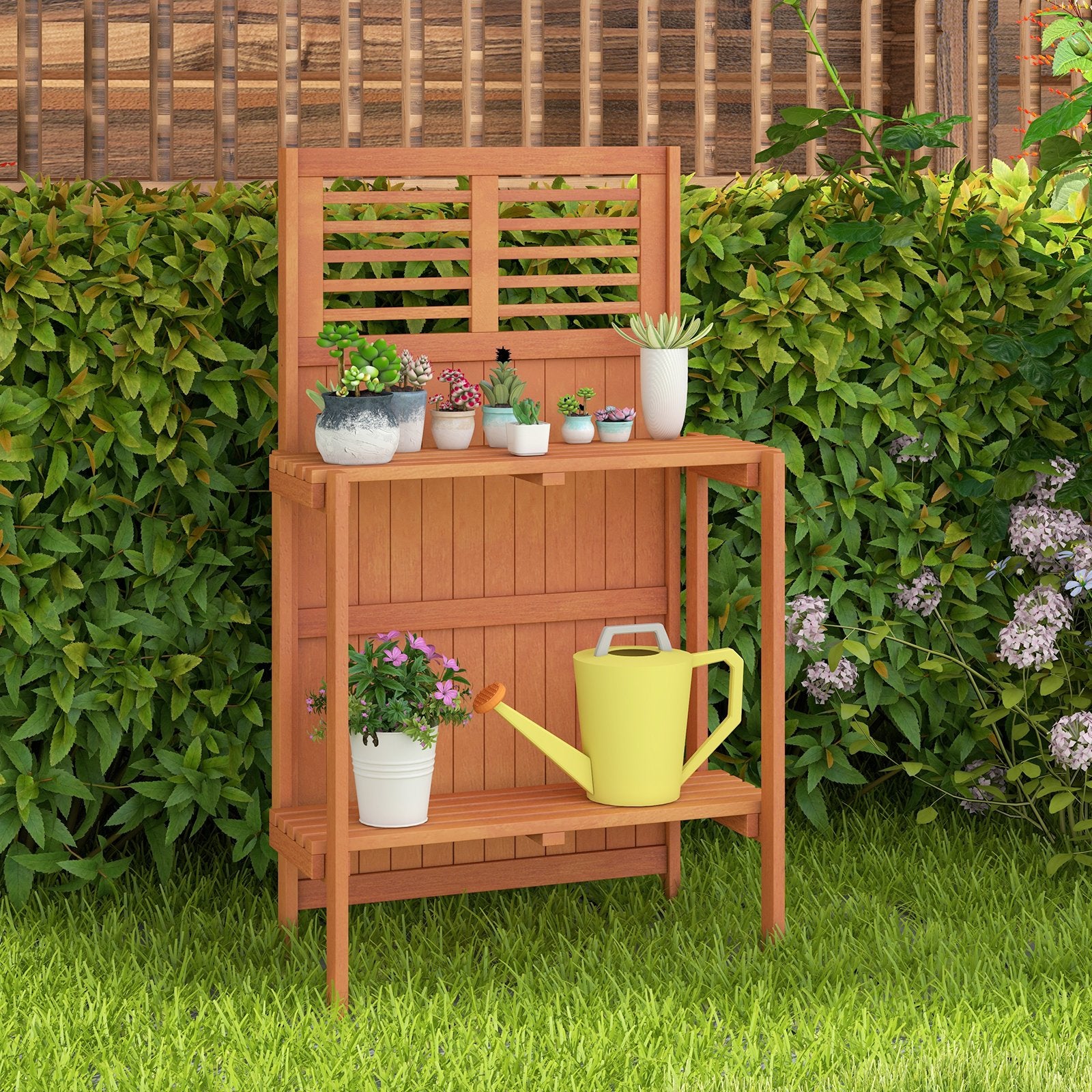 Folding Garden Potting Bench with 2-tier Storage Shelves and Teak Oil Finish for Garden Yard Balcony, Natural Potting Benches & Tables   at Gallery Canada