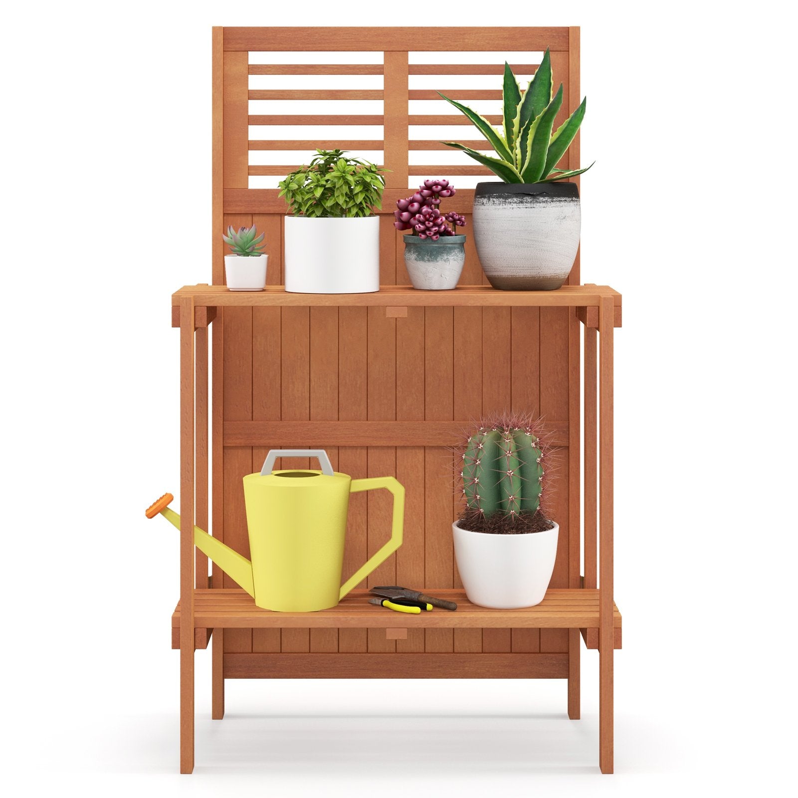 Folding Garden Potting Bench with 2-tier Storage Shelves and Teak Oil Finish for Garden Yard Balcony, Natural Potting Benches & Tables   at Gallery Canada