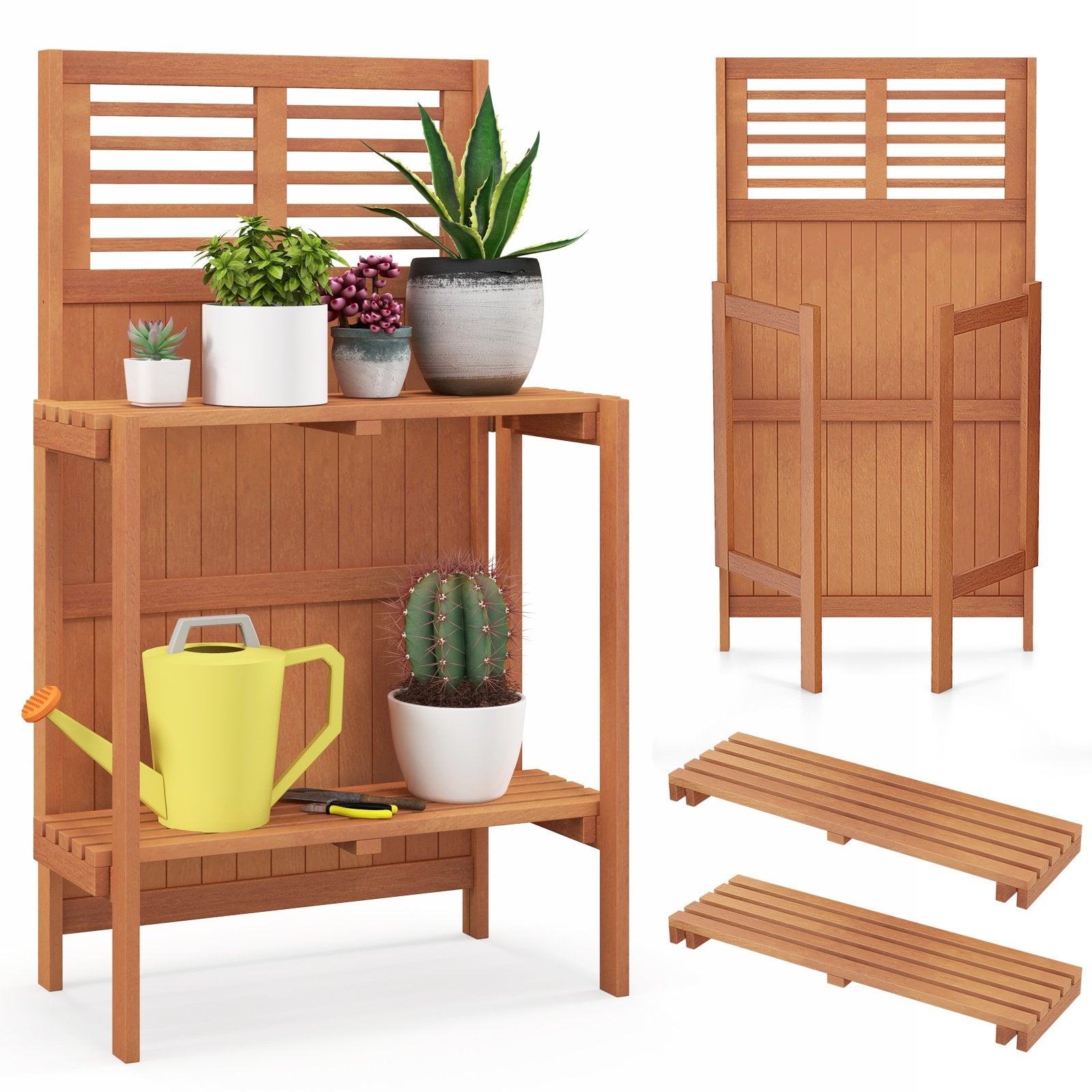 Folding Garden Potting Bench with 2-tier Storage Shelves and Teak Oil Finish for Garden Yard Balcony, Natural Potting Benches & Tables   at Gallery Canada