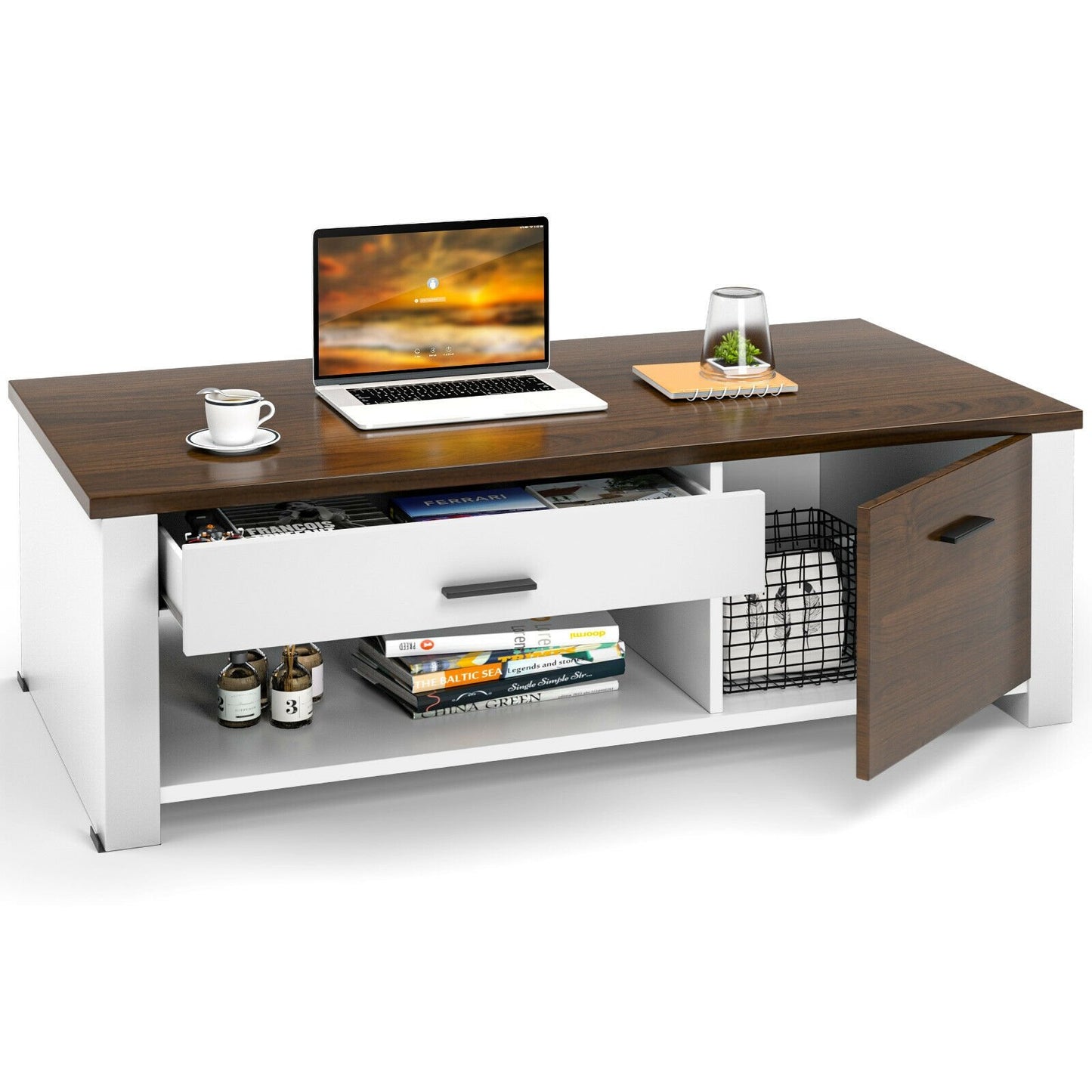 Modern Coffee Table with Front Back Drawers and Compartments for Living Room, Brown & White - Gallery Canada