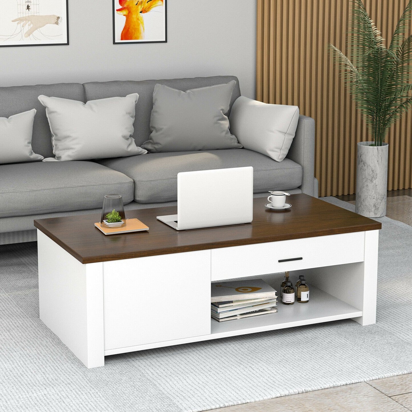 Modern Coffee Table with Front Back Drawers and Compartments for Living Room, Brown & White Coffee Tables   at Gallery Canada