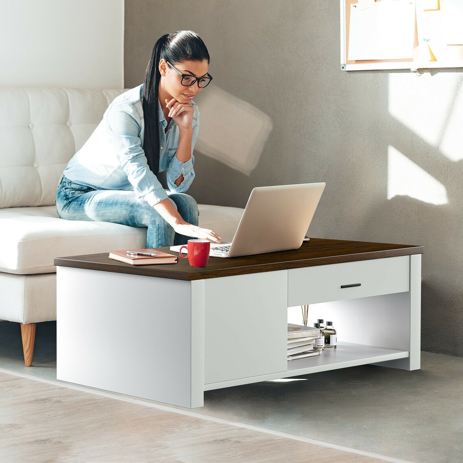 Modern Coffee Table with Front Back Drawers and Compartments for Living Room, Brown & White Coffee Tables   at Gallery Canada