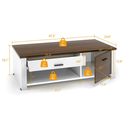 Modern Coffee Table with Front Back Drawers and Compartments for Living Room, Brown & White - Gallery Canada