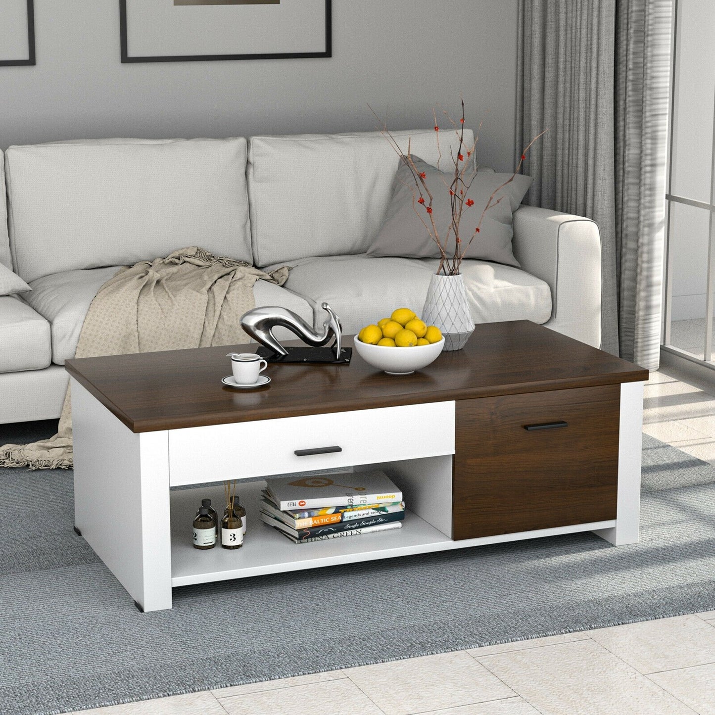 Modern Coffee Table with Front Back Drawers and Compartments for Living Room, Brown & White - Gallery Canada
