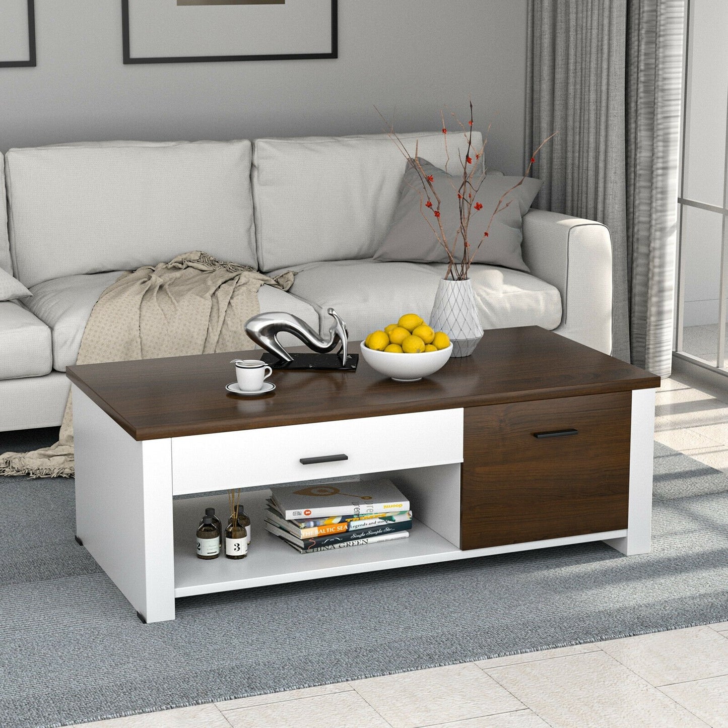 Modern Coffee Table with Front Back Drawers and Compartments for Living Room, Brown & White Coffee Tables   at Gallery Canada