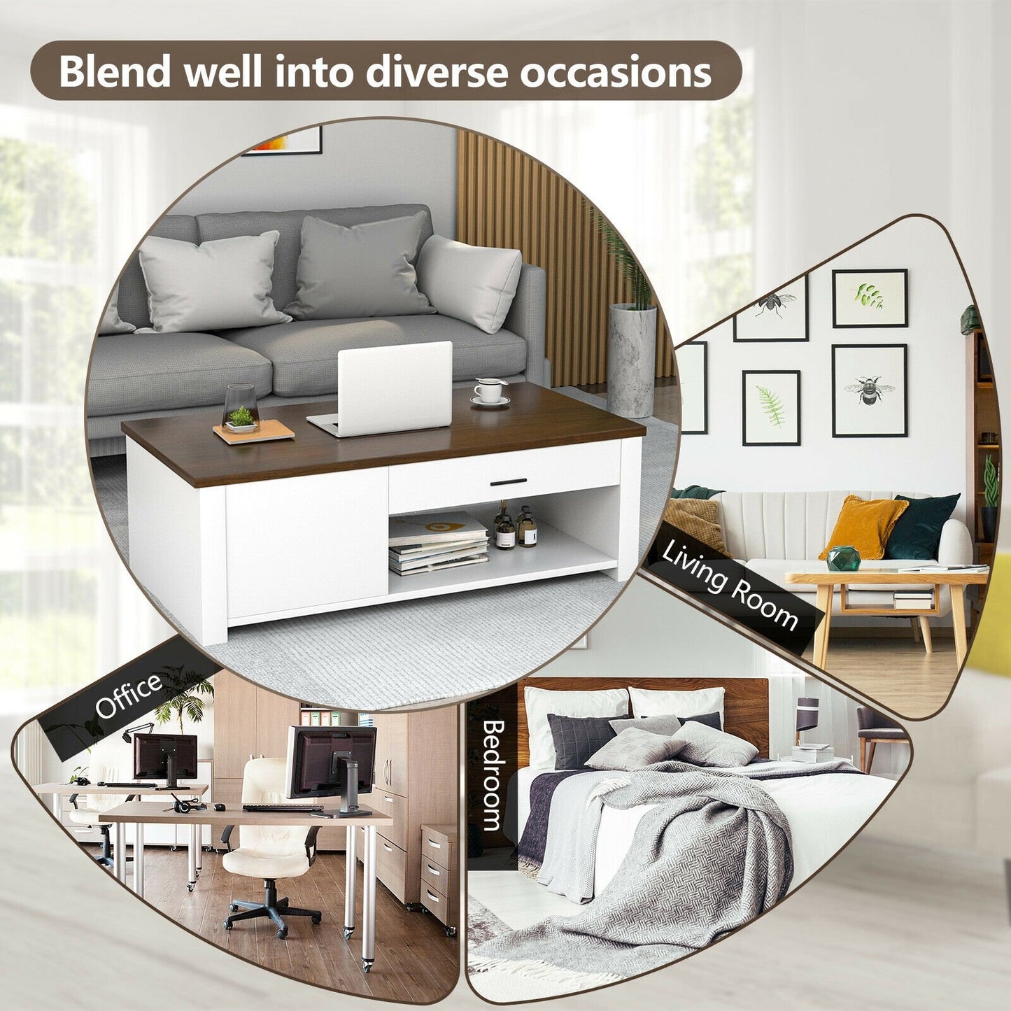 Modern Coffee Table with Front Back Drawers and Compartments for Living Room, Brown & White Coffee Tables   at Gallery Canada