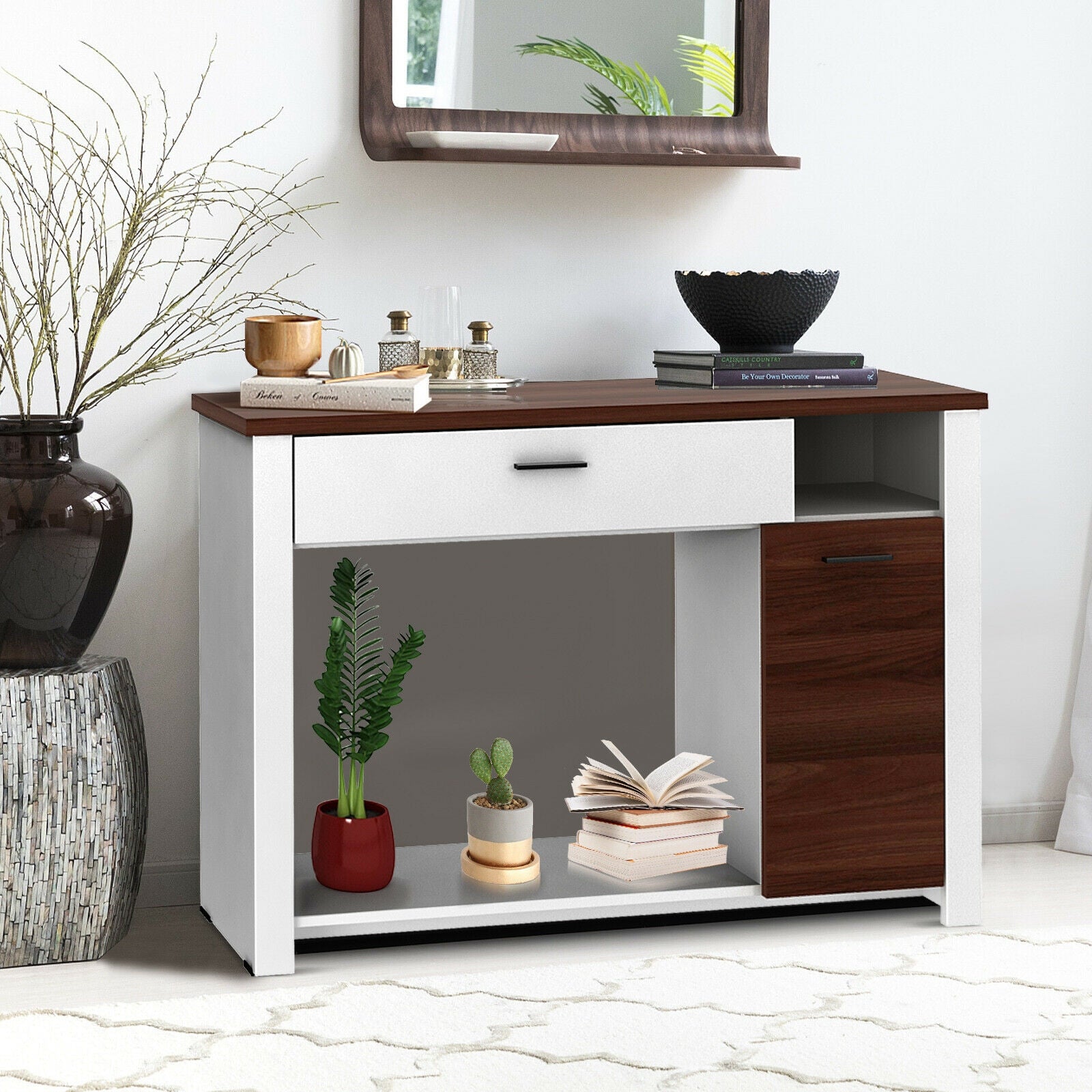 48 Inch Console Table with Drawer and Cabinet, Brown & White Console Tables at Gallery Canada