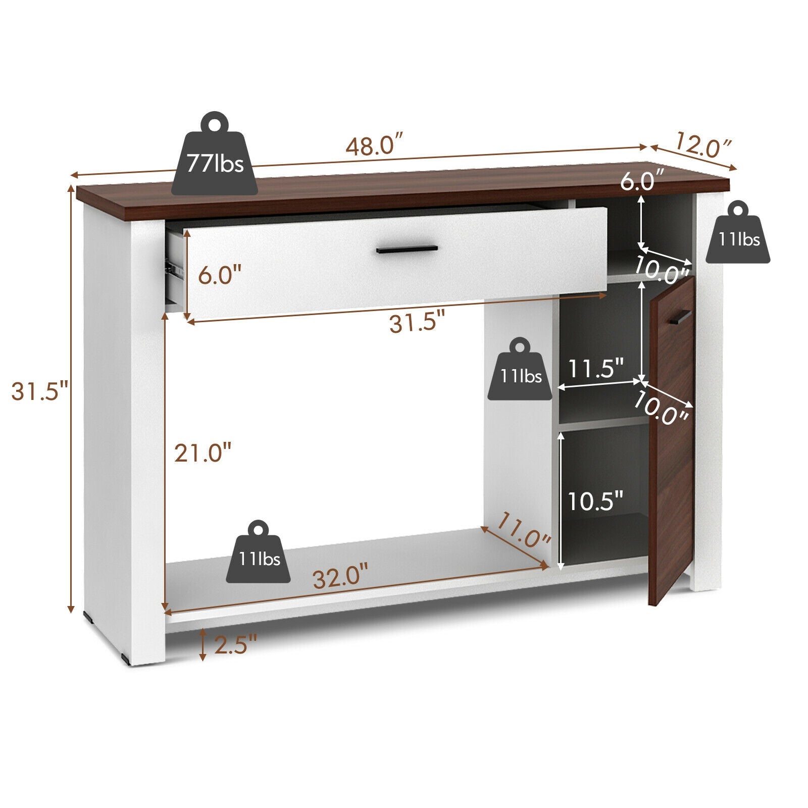 48 Inch Console Table with Drawer and Cabinet, Brown & White Console Tables at Gallery Canada