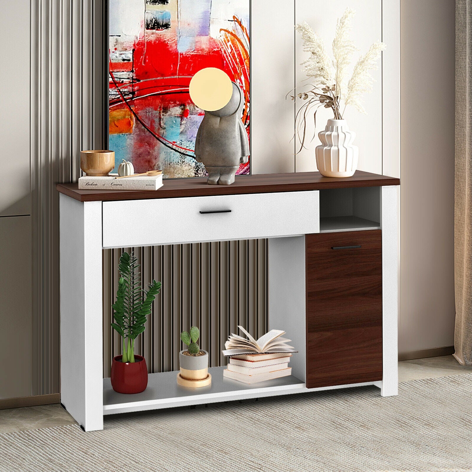 48 Inch Console Table with Drawer and Cabinet, Brown & White Console Tables at Gallery Canada