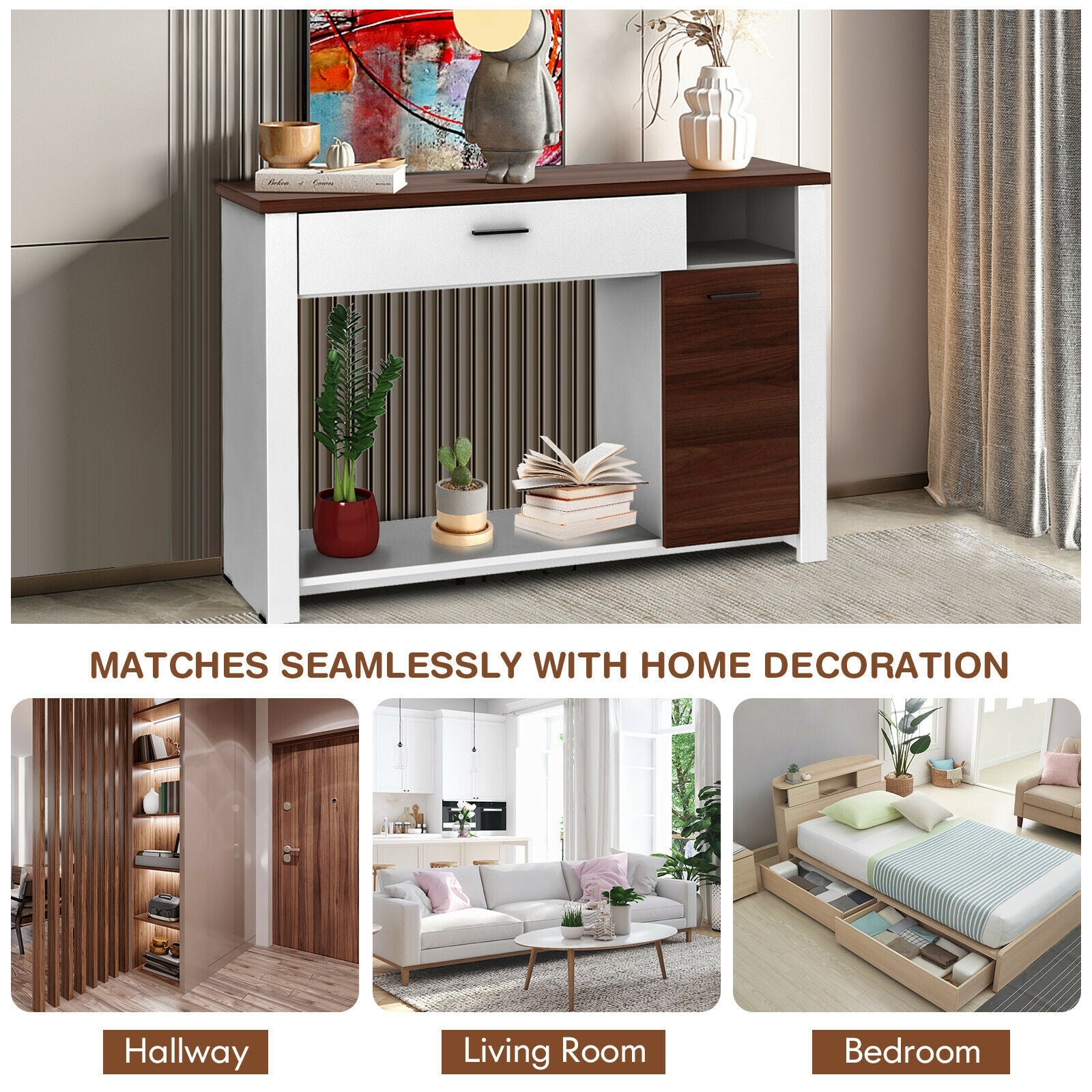 48 Inch Console Table with Drawer and Cabinet, Brown & White Console Tables at Gallery Canada