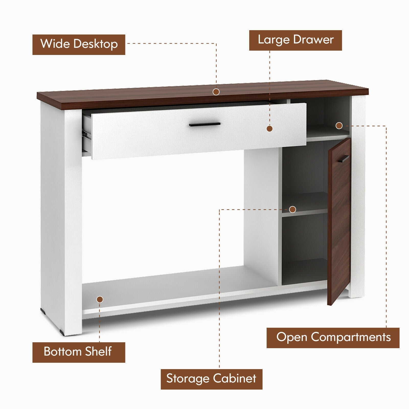 48 Inch Console Table with Drawer and Cabinet, Brown & White Console Tables at Gallery Canada