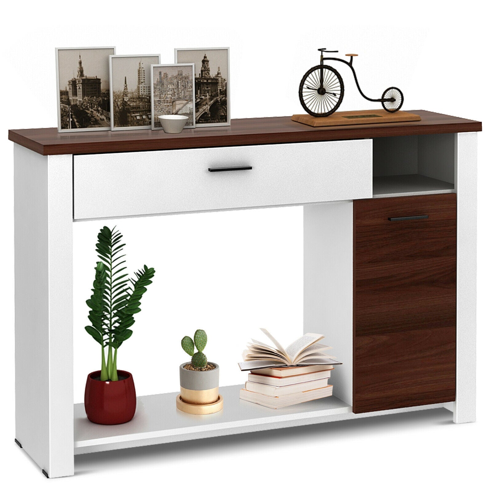 48 Inch Console Table with Drawer and Cabinet, Brown & White Console Tables at Gallery Canada