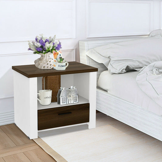 Accent Nightstand with Drawer and Open Shelf, Brown & White - Gallery Canada