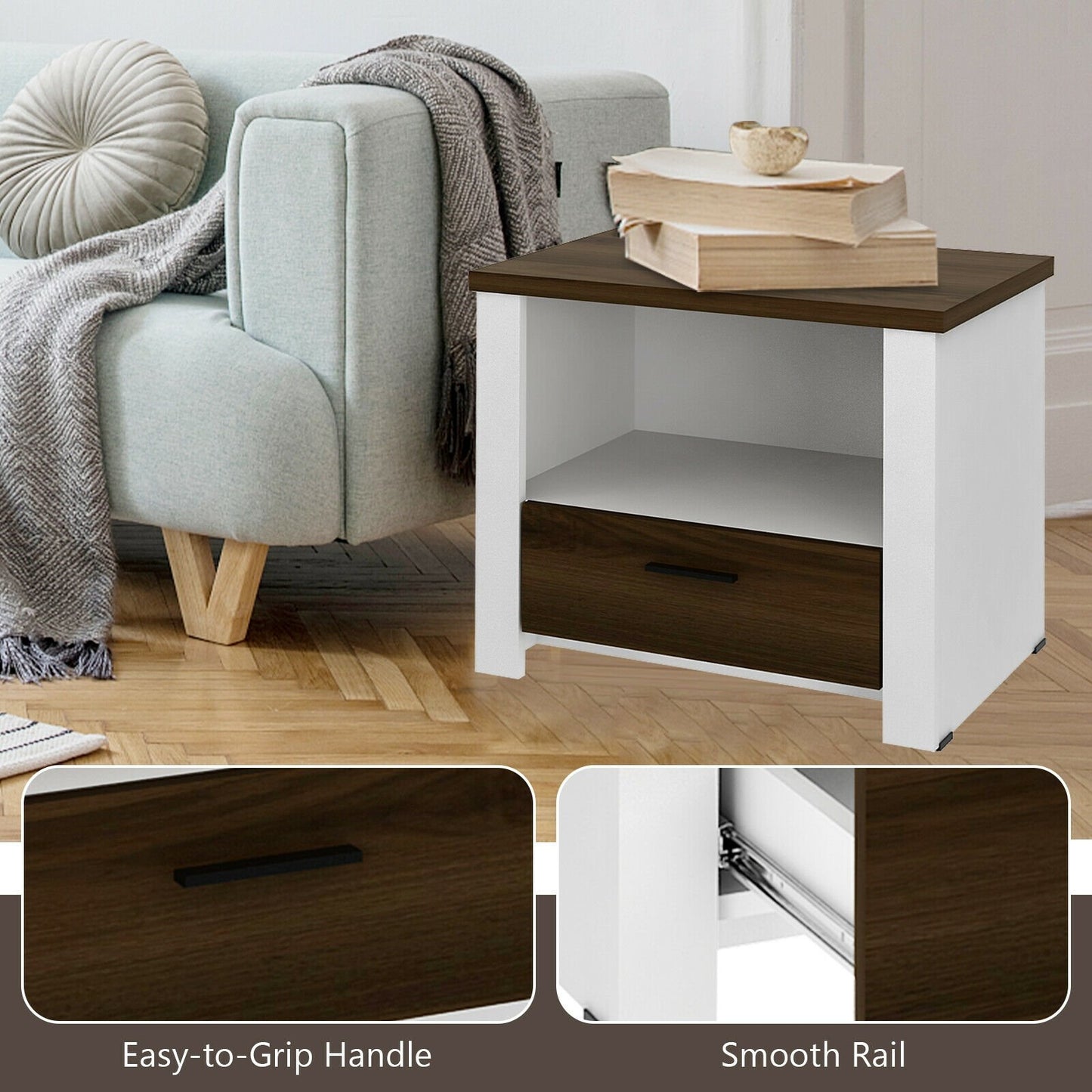 Accent Nightstand with Drawer and Open Shelf, Brown & White Nightstands   at Gallery Canada