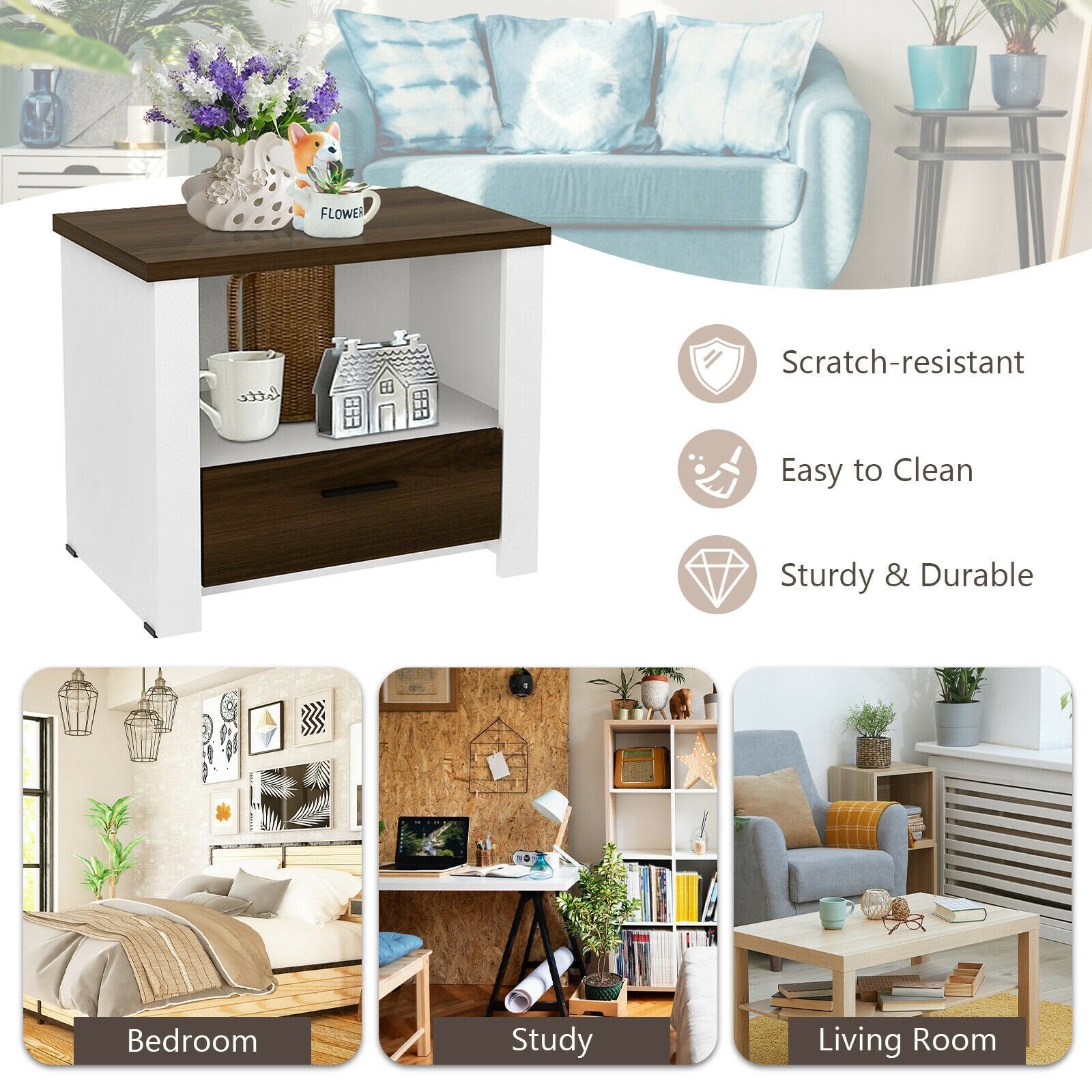 Accent Nightstand with Drawer and Open Shelf, Brown & White Nightstands   at Gallery Canada