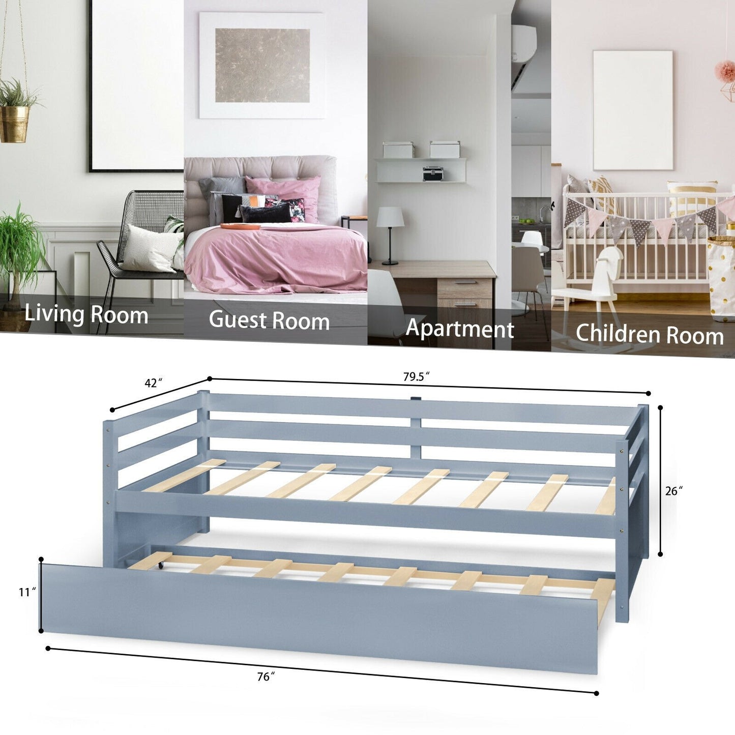 Twin Size Trundle Platform Bed Frame with  Wooden Slat Support, Gray Trundle Bed Frame   at Gallery Canada