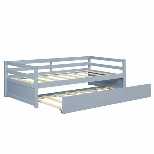 Twin Size Trundle Platform Bed Frame with  Wooden Slat Support, Gray